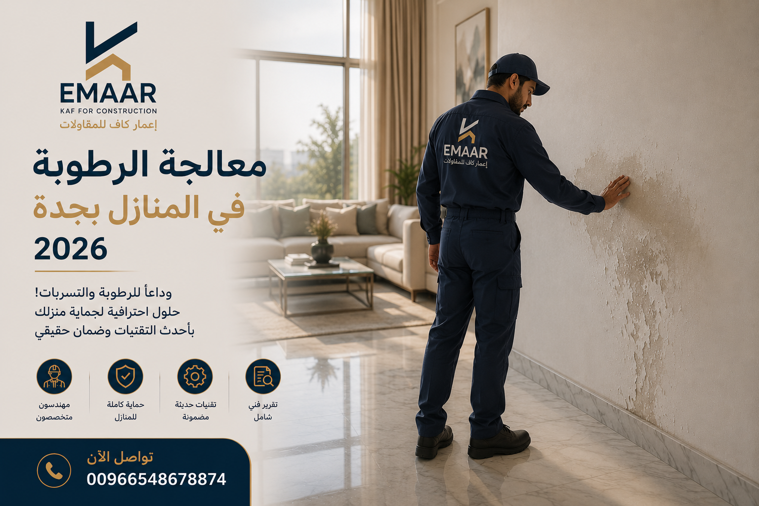 معالجة الرطوبة في المنازل بجدة 2026 – حل نهائي بضمان 5 سنين بدون تكسير